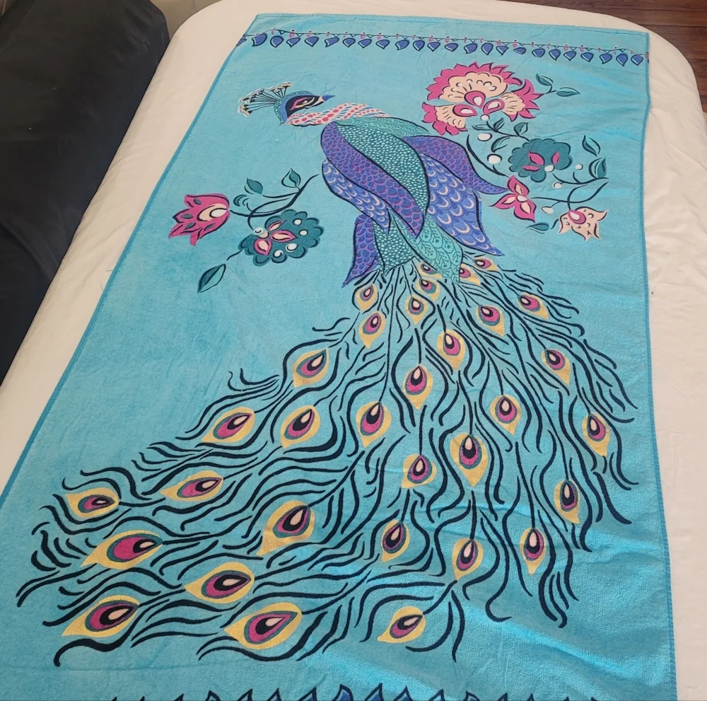 Colorful Peacock Giant Beach Towel Aqua Feathers Oversized Blue Graphic Print